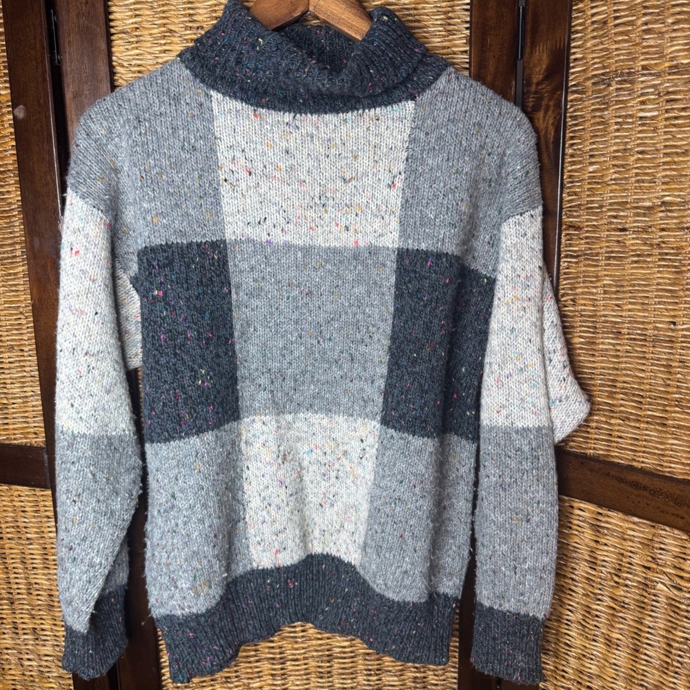 Vintage Chunky Tweed Grey Colorblock Knit Mock Neck Sweater XL Wool Blend